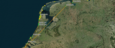 Vliegroute van een veldleeuwerik die in de nacht van 4 november 2020 in iets meer dan zes uur vanuit de kop van Noord-Holland naar Zuid-België vloog. In de nacht van 2 februari 2021 begon de terugreis via Groningen naar Emden in Noordwest-Duitsland. Twee weken later werd de tocht in kleine stapjes voortgezet richting het noordoosten.