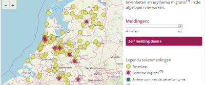 Overzicht van de meldingen van tekenbeten en erythema migrans(?) in de afgelopen vier weken
